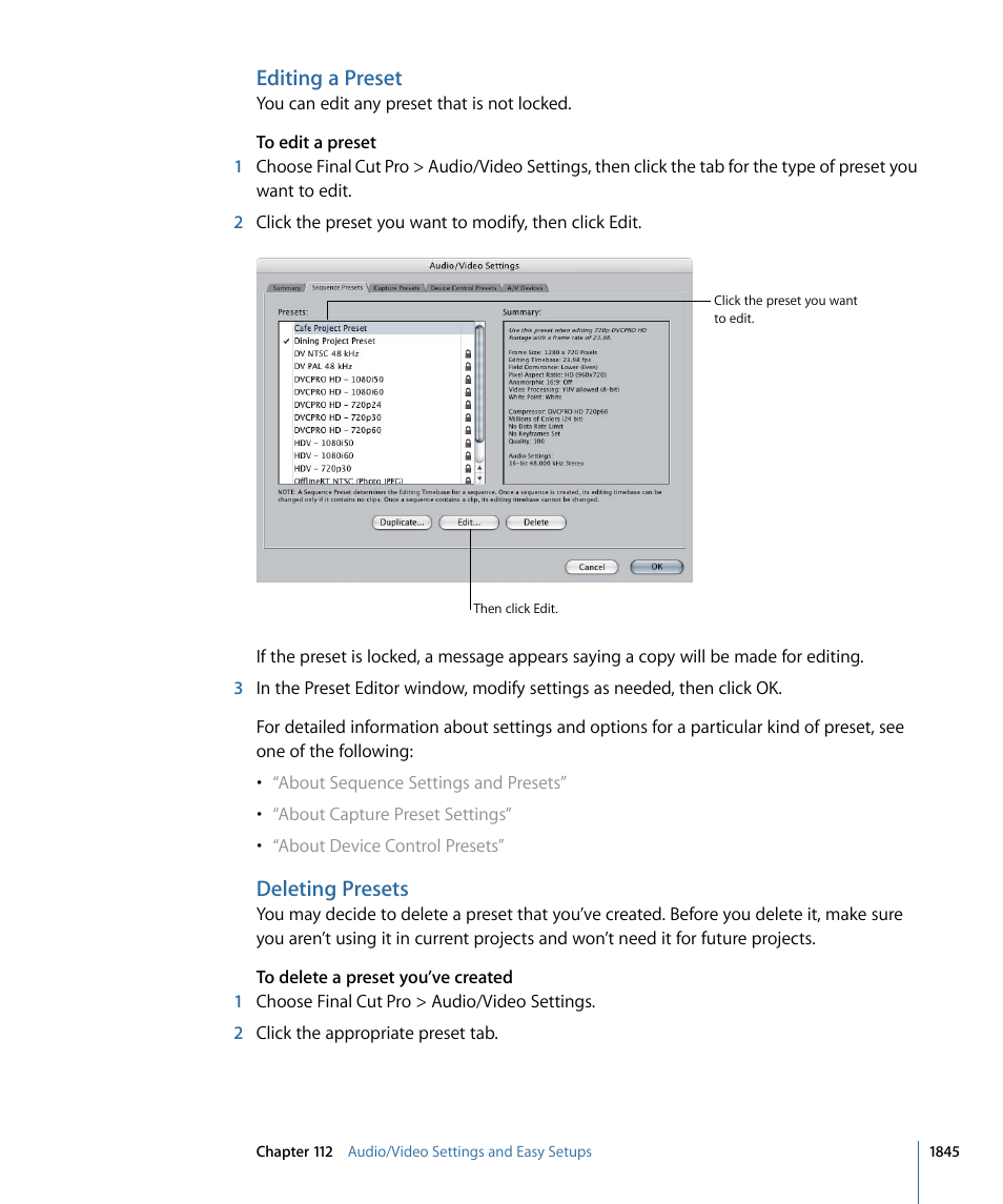 Editing a preset, Deleting presets | Apple Final Cut Pro 7 User Manual | Page 1845 / 1990