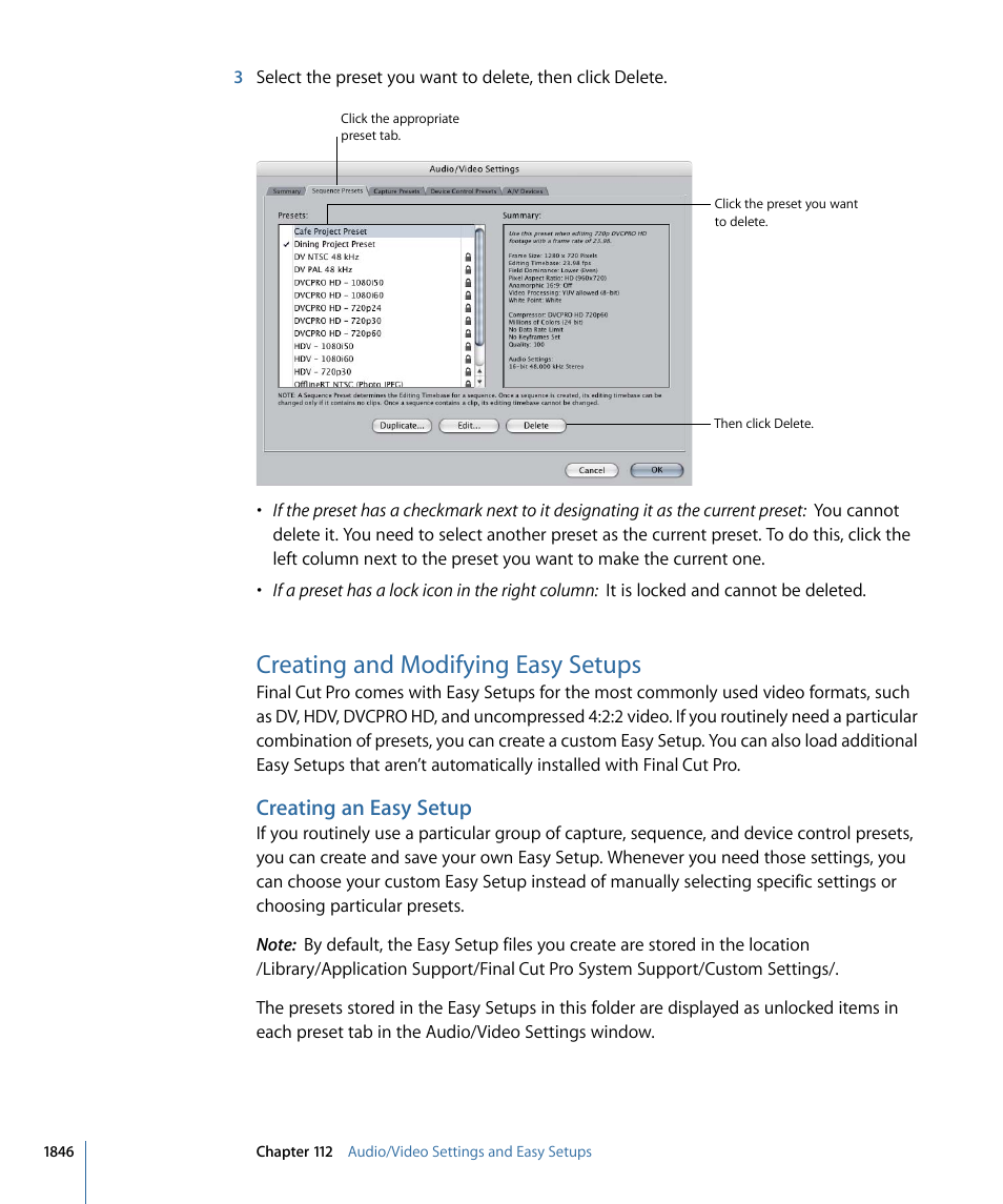 Creating and modifying easy setups, Creating an easy setup | Apple Final Cut Pro 7 User Manual | Page 1846 / 1990