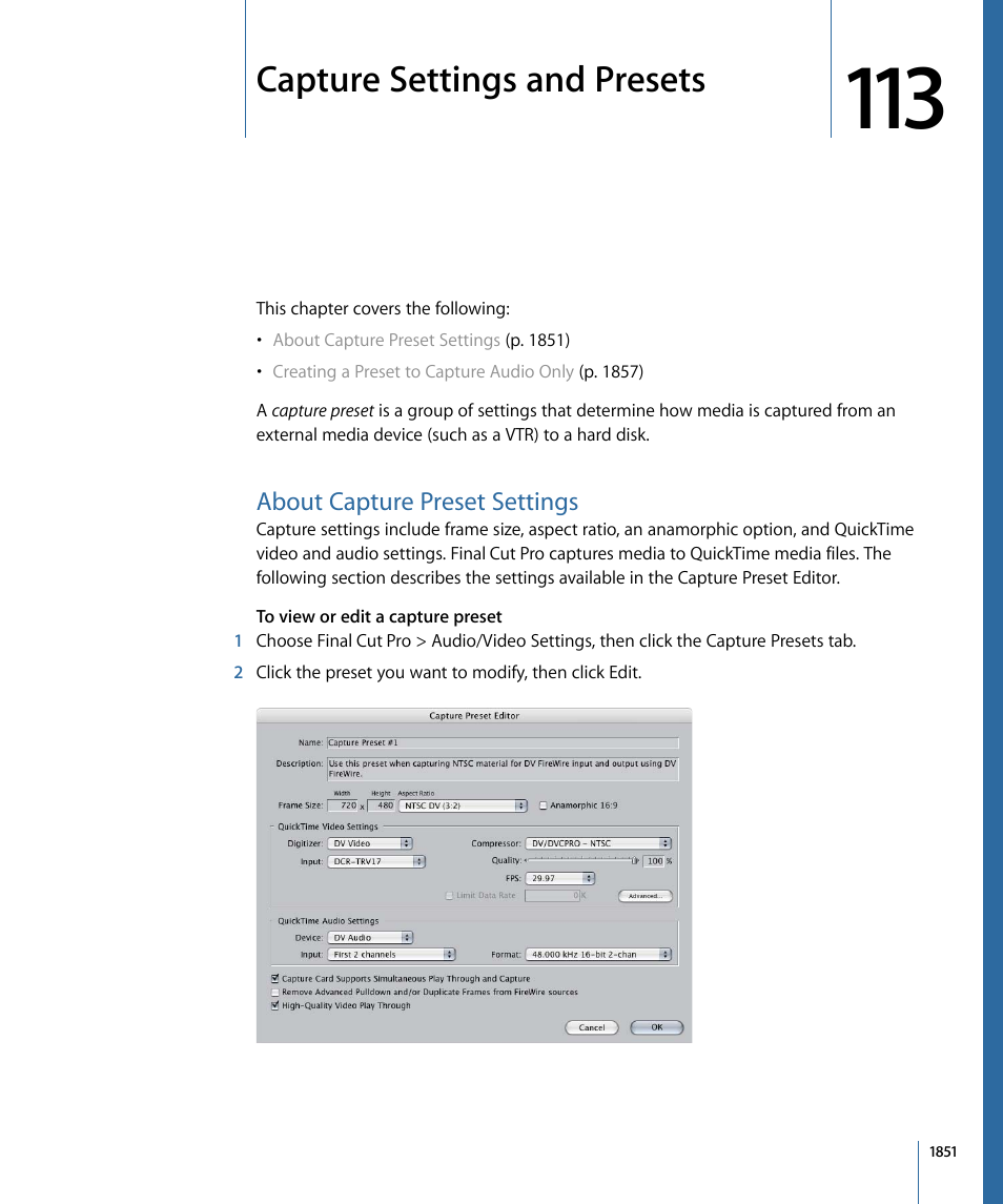 Capture settings and presets, About capture preset settings, Capture settings and | Presets, Capture, Settings and presets, Capture settings, And presets | Apple Final Cut Pro 7 User Manual | Page 1851 / 1990