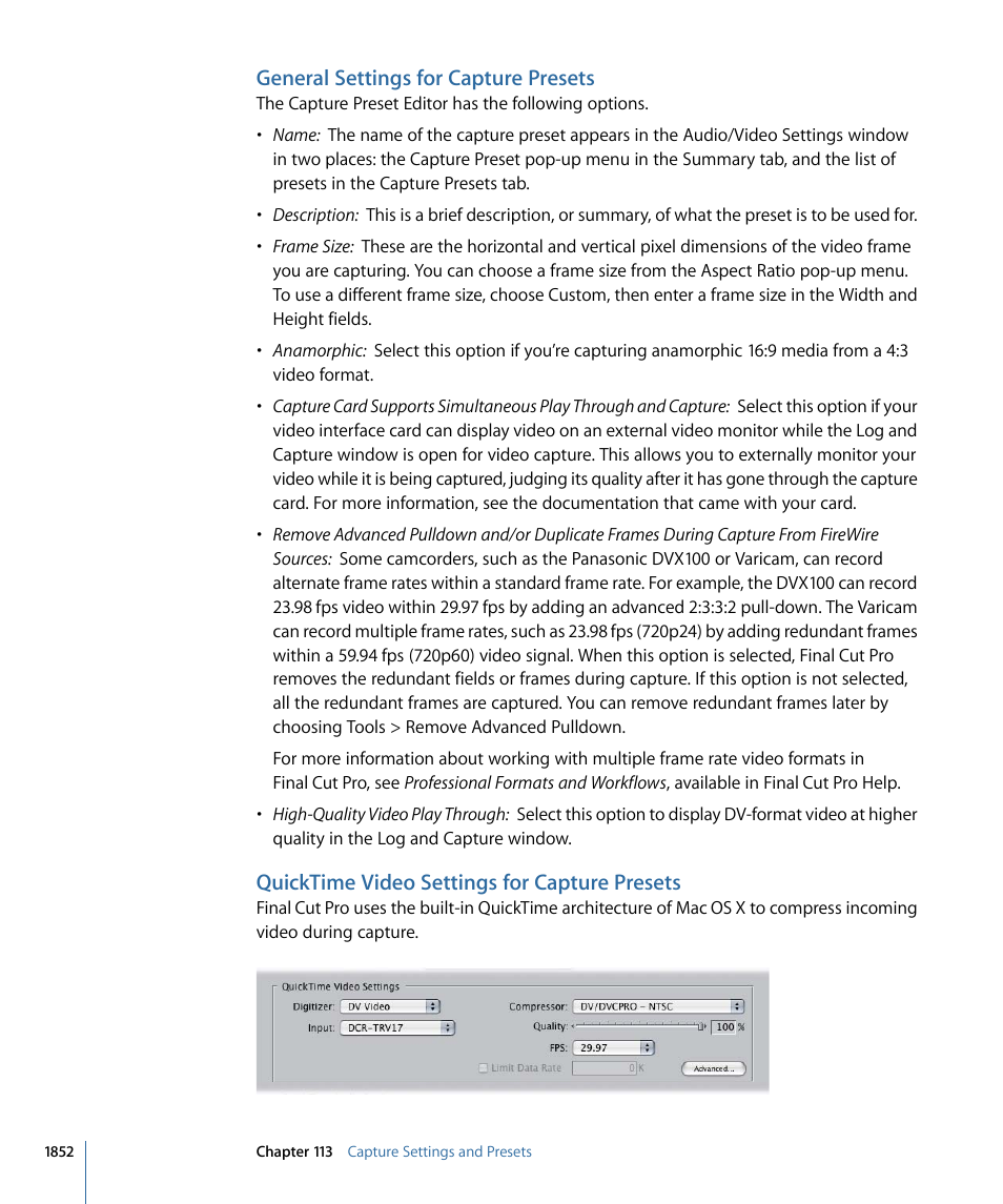 General settings for capture presets, Quicktime video settings for capture presets | Apple Final Cut Pro 7 User Manual | Page 1852 / 1990