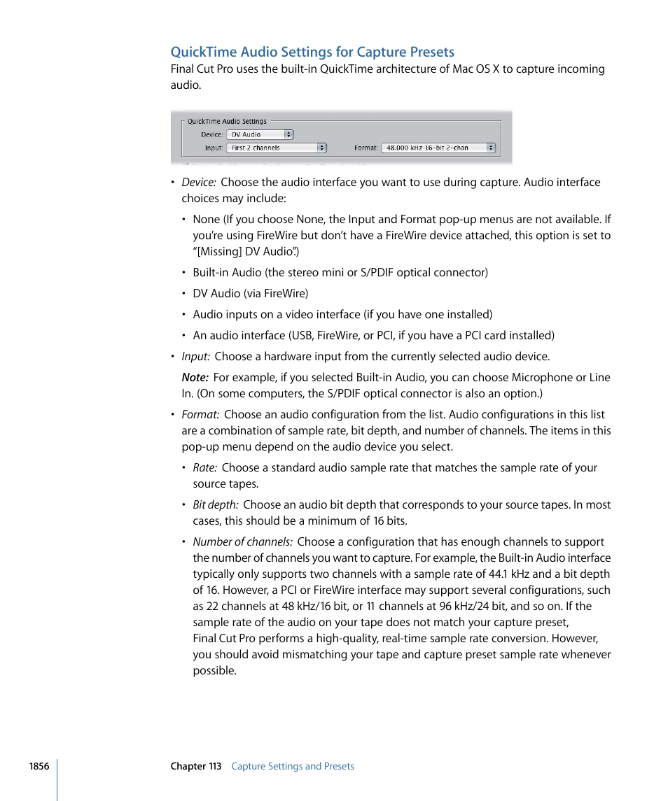 Quicktime audio settings for capture presets | Apple Final Cut Pro 7 User Manual | Page 1856 / 1990