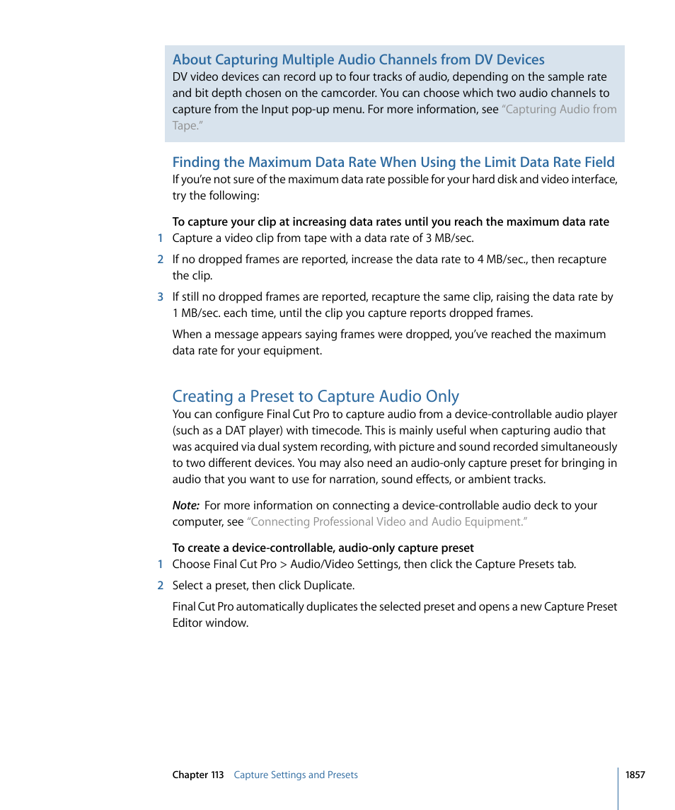 Creating a preset to capture audio only | Apple Final Cut Pro 7 User Manual | Page 1857 / 1990