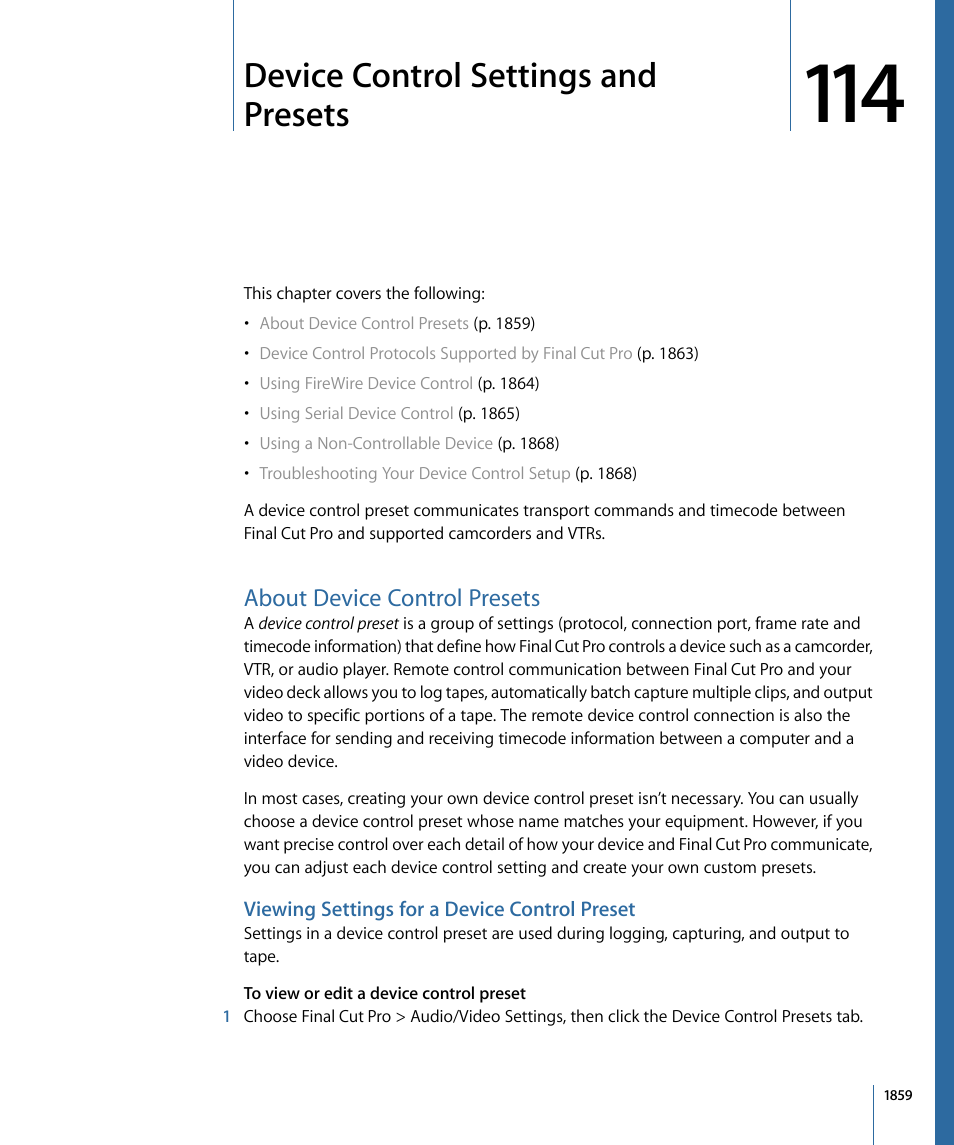 Device control settings and presets, About device control presets, Viewing settings for a device control preset | Tion, see, Device control settings and, Presets, Device control, Settings and presets, Device control settings, And presets | Apple Final Cut Pro 7 User Manual | Page 1859 / 1990