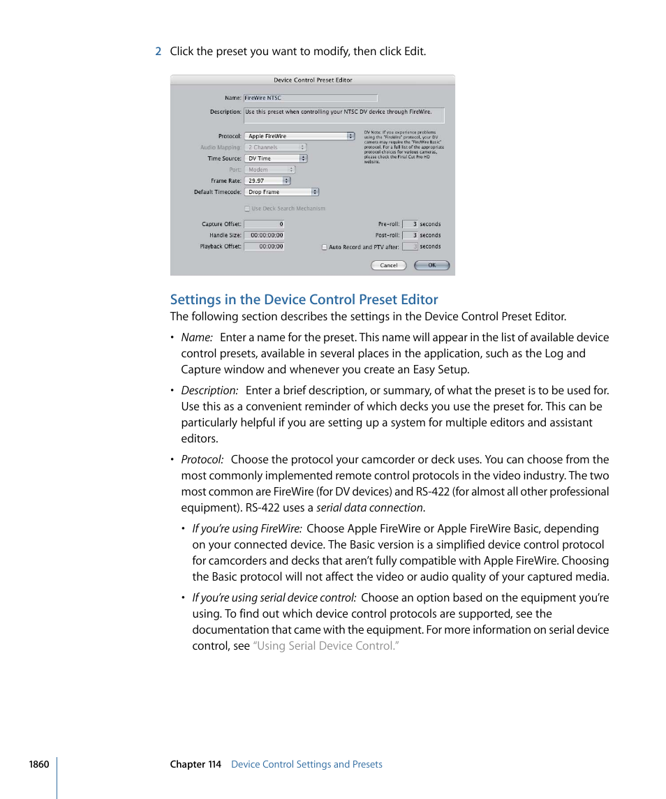 Settings in the device control preset editor | Apple Final Cut Pro 7 User Manual | Page 1860 / 1990