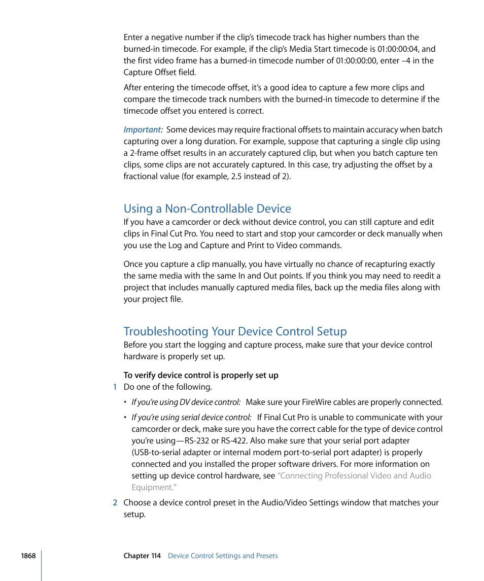 Using a non-controllable device, Troubleshooting your device control setup | Apple Final Cut Pro 7 User Manual | Page 1868 / 1990