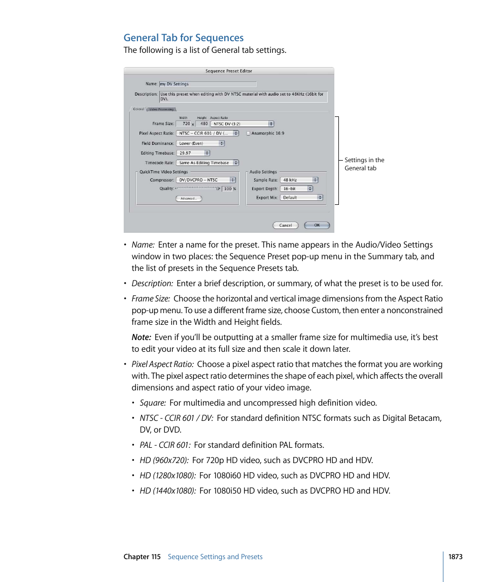 General tab for sequences | Apple Final Cut Pro 7 User Manual | Page 1873 / 1990