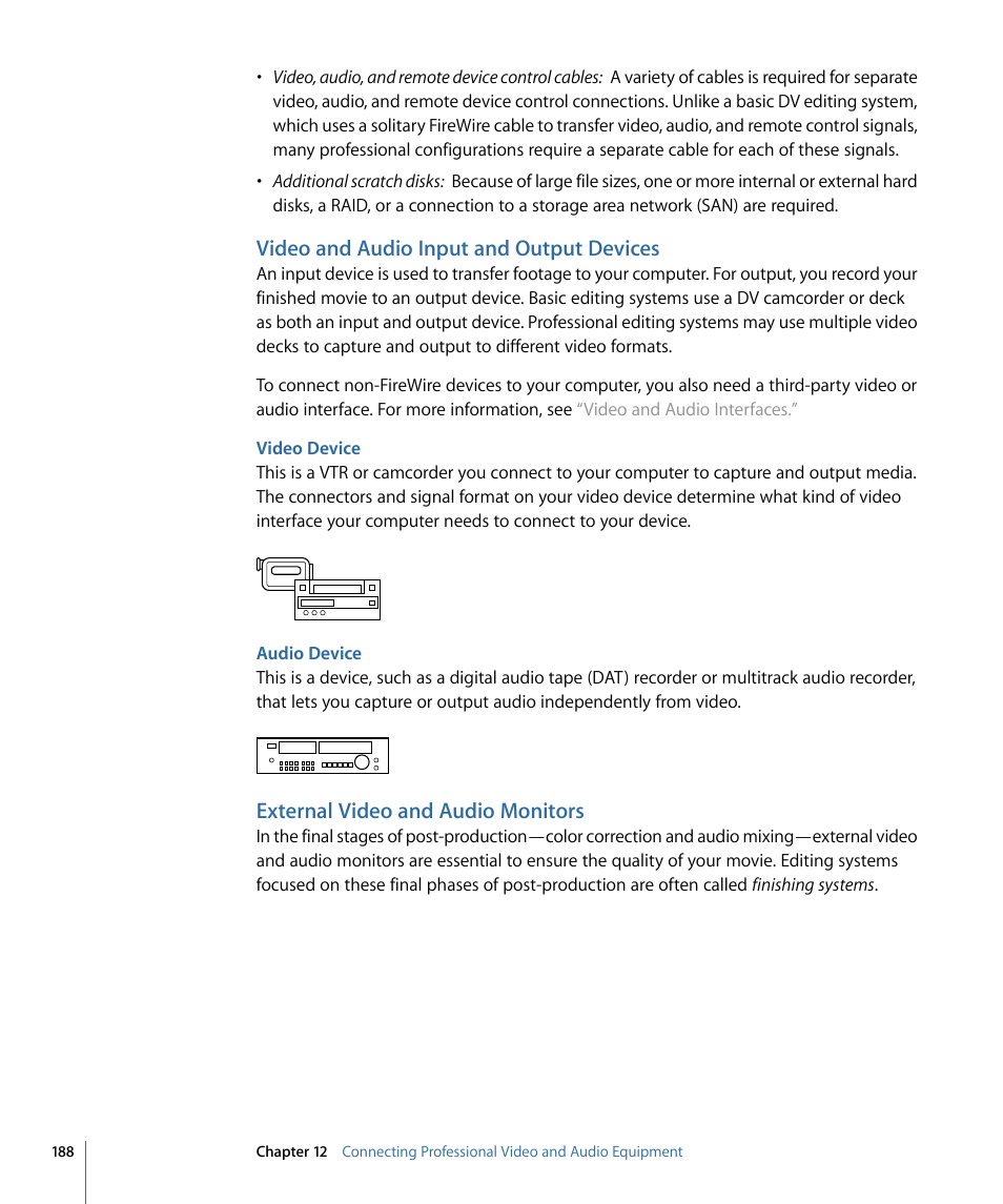 Video and audio input and output devices, Video device, Audio device | External video and audio monitors | Apple Final Cut Pro 7 User Manual | Page 188 / 1990