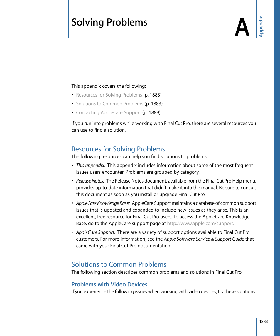 Appendix a: solving problems, Resources for solving problems, Solutions to common problems | Problems with video devices, Solving problems | Apple Final Cut Pro 7 User Manual | Page 1883 / 1990