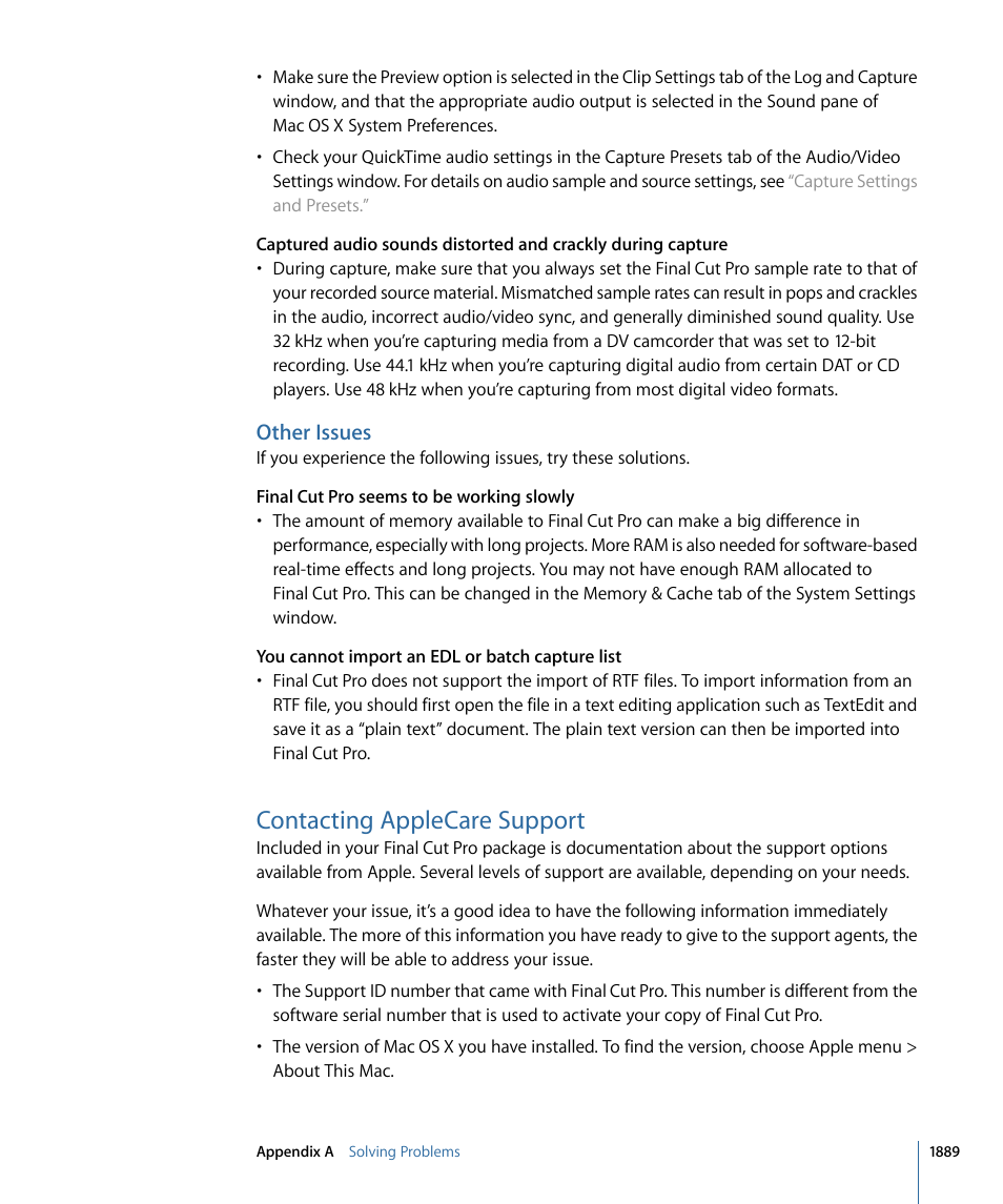 Other issues, Contacting applecare support | Apple Final Cut Pro 7 User Manual | Page 1889 / 1990