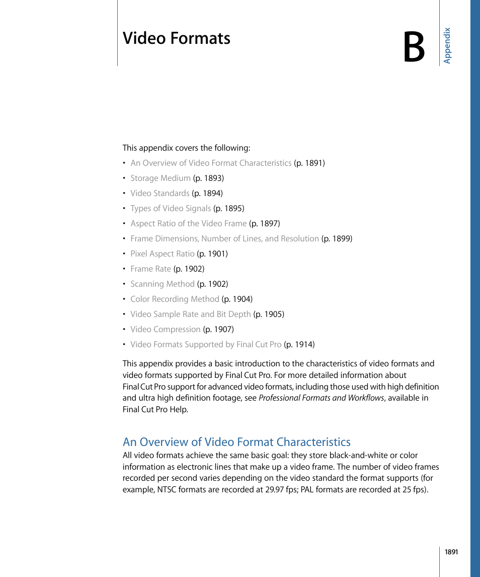 Appendix b: video formats, An overview of video format characteristics, Video formats | Apple Final Cut Pro 7 User Manual | Page 1891 / 1990