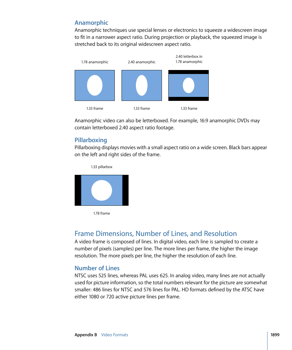 Anamorphic, Pillarboxing, Frame dimensions, number of lines, and resolution | Number of lines, Frame dimensions, number of lines, and, Resolution | Apple Final Cut Pro 7 User Manual | Page 1899 / 1990