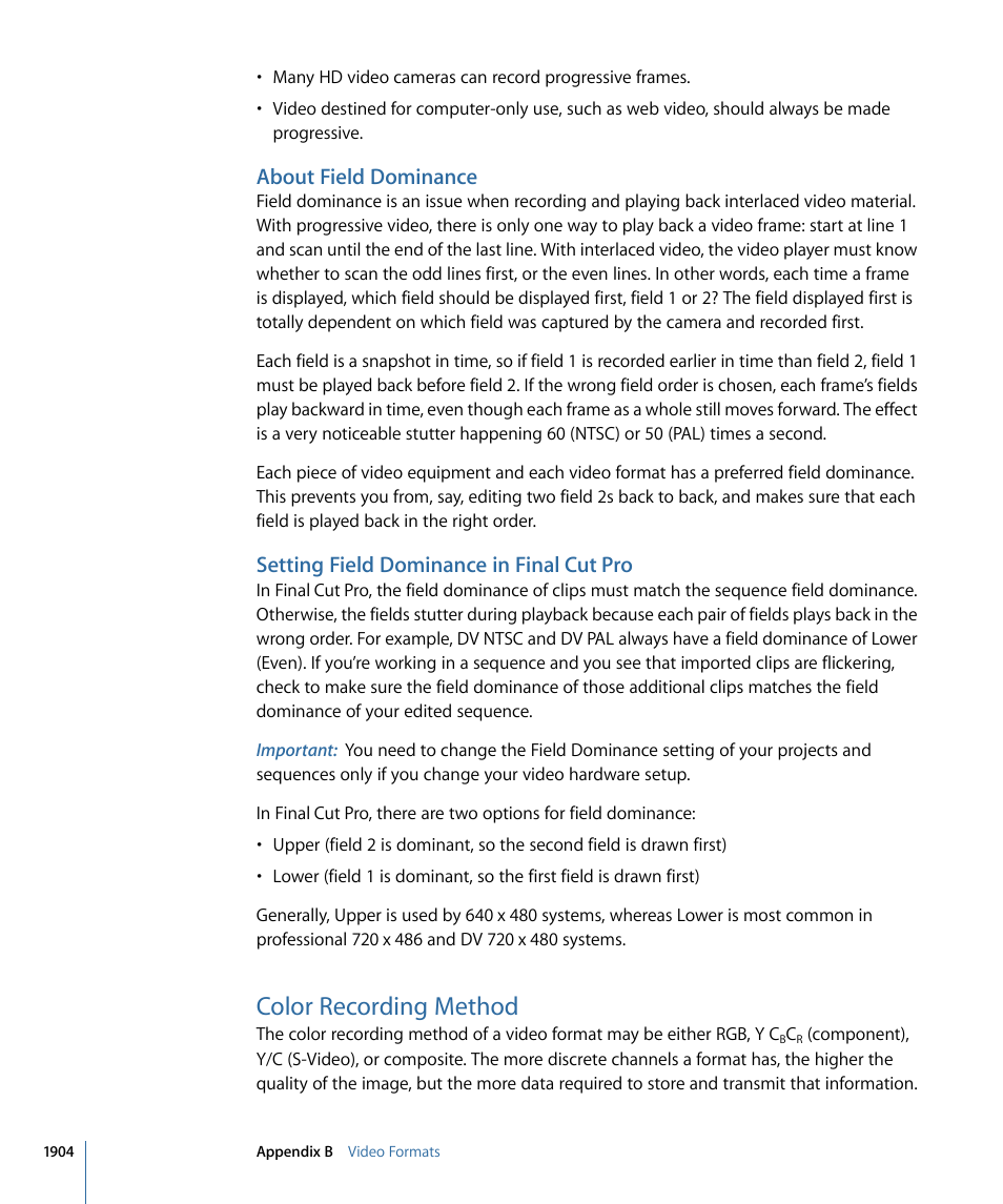 About field dominance, Setting field dominance in final cut pro, Color recording method | About field, Dominance | Apple Final Cut Pro 7 User Manual | Page 1904 / 1990