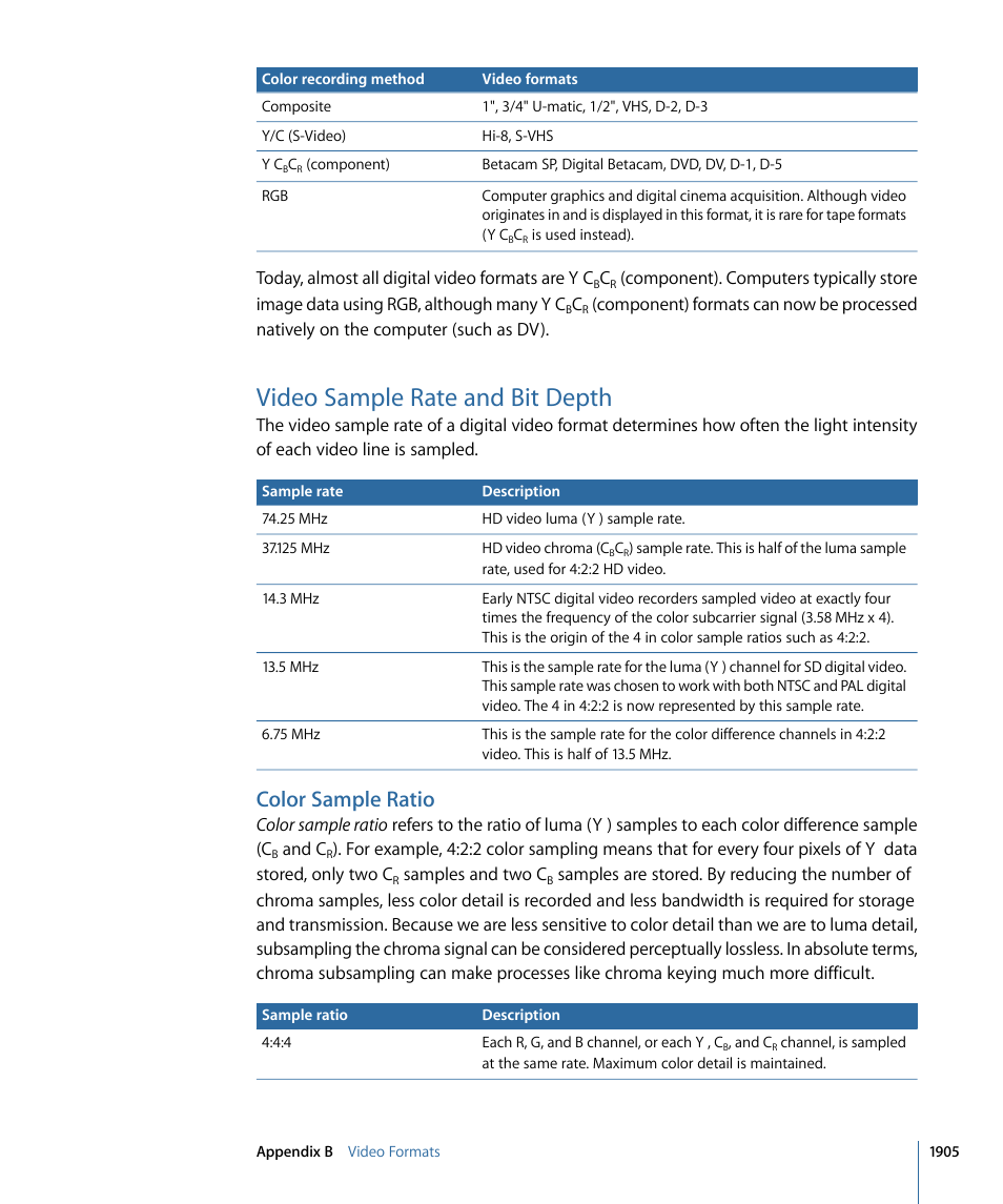 Video sample rate and bit depth, Color sample ratio, Video | Sample rate and bit depth | Apple Final Cut Pro 7 User Manual | Page 1905 / 1990