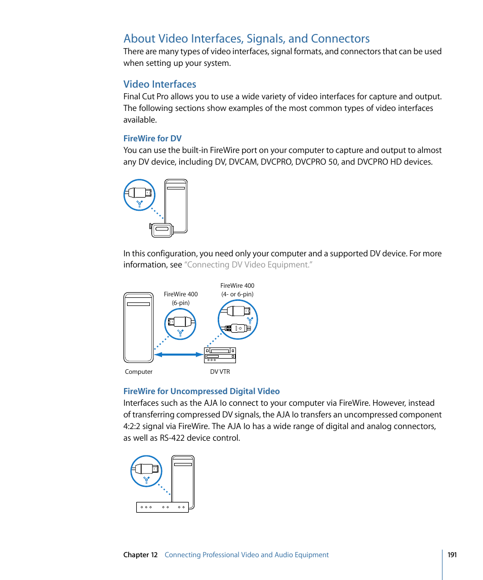 About video interfaces, signals, and connectors, Video interfaces, Firewire for dv | Firewire for uncompressed digital video | Apple Final Cut Pro 7 User Manual | Page 191 / 1990