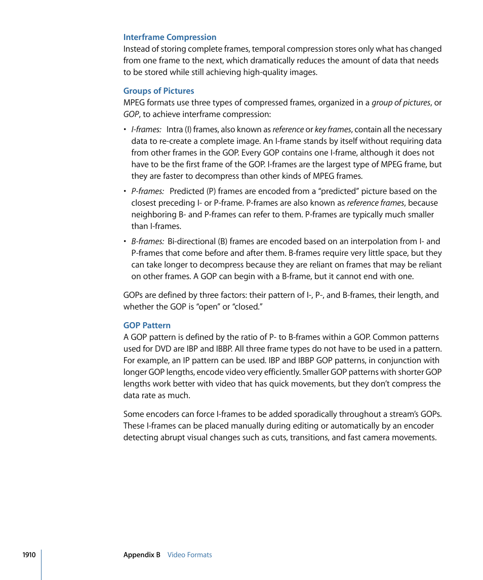 Interframe compression, Groups of pictures, Gop pattern | Apple Final Cut Pro 7 User Manual | Page 1910 / 1990