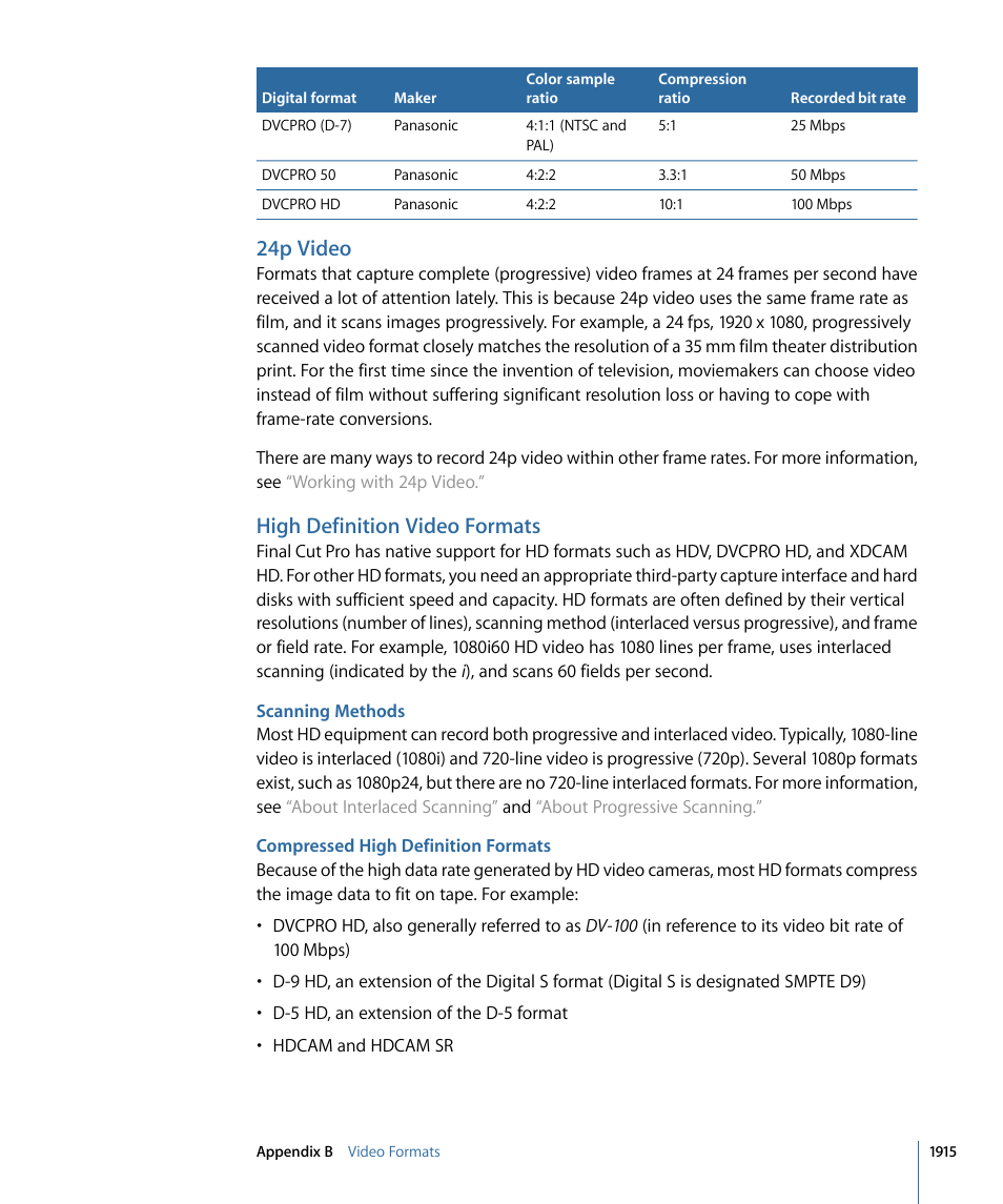 24p video, High definition video formats, Scanning methods | Compressed high definition formats | Apple Final Cut Pro 7 User Manual | Page 1915 / 1990