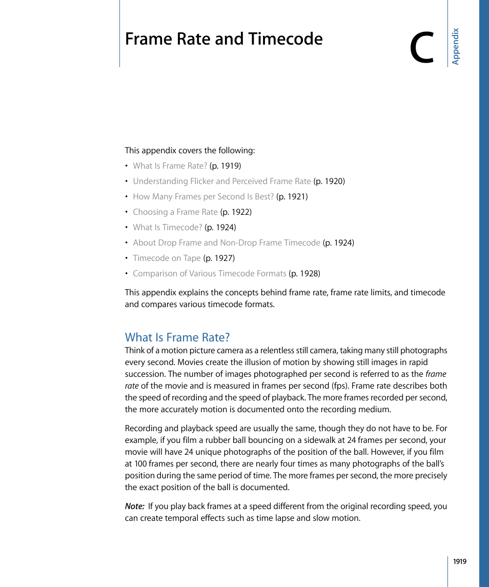 Appendix c: frame rate and timecode, What is frame rate, Frame rate and timecode | Apple Final Cut Pro 7 User Manual | Page 1919 / 1990