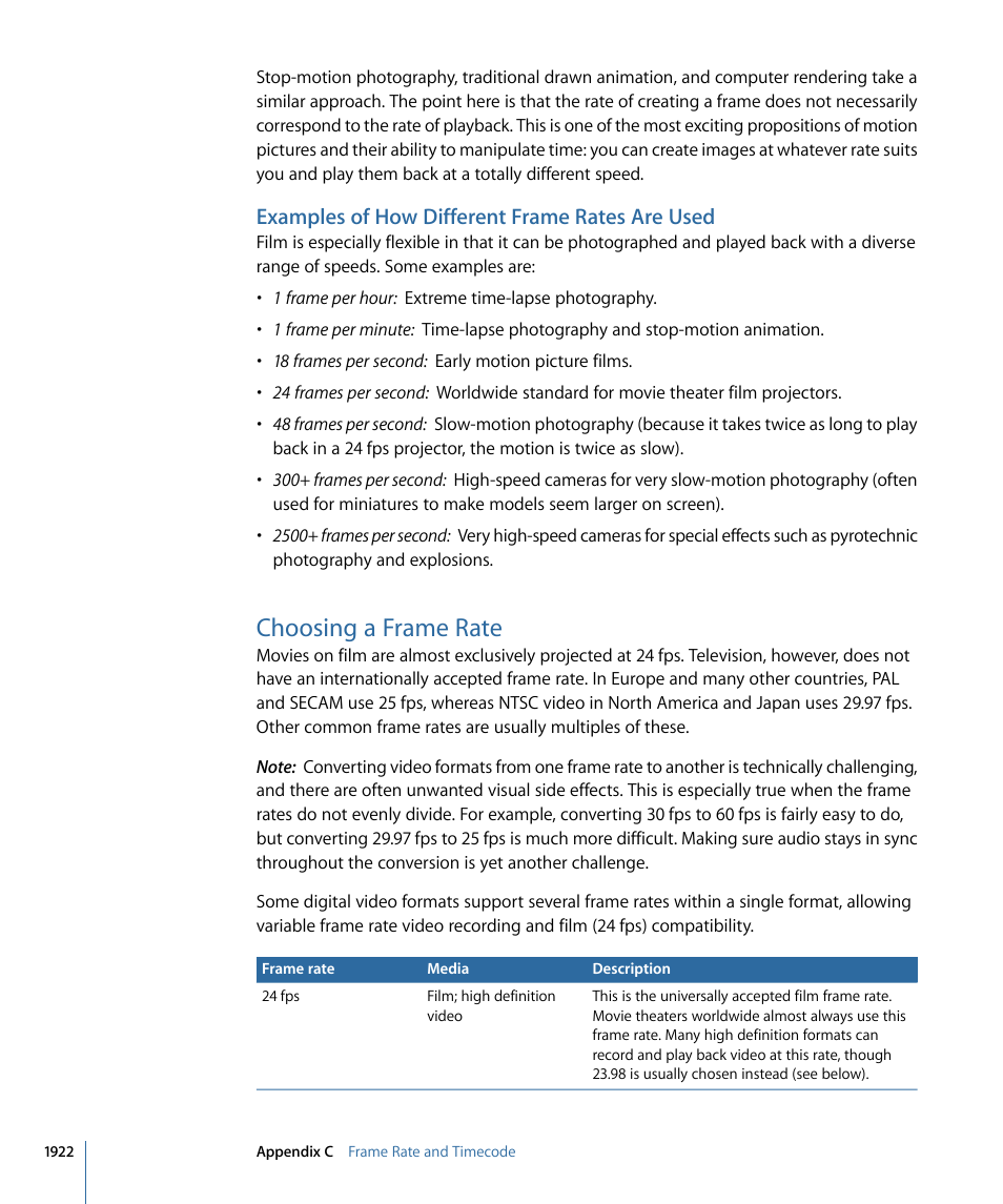 Examples of how different frame rates are used, Choosing a frame rate | Apple Final Cut Pro 7 User Manual | Page 1922 / 1990