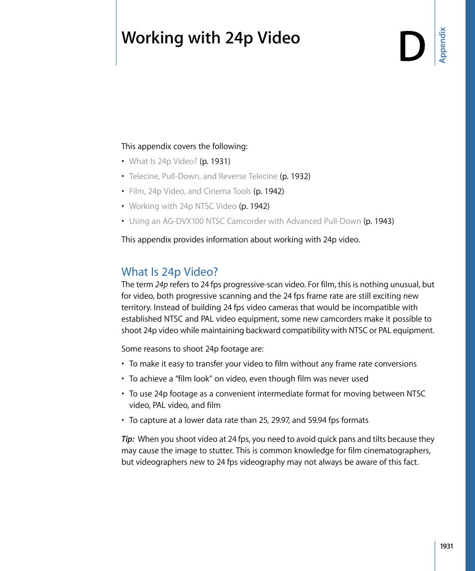 Appendix d: working with 24p video, What is 24p video, Working with 24p video | Apple Final Cut Pro 7 User Manual | Page 1931 / 1990