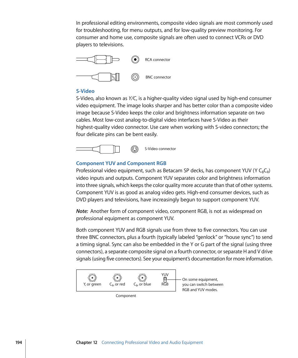 S-video, Component yuv and component rgb | Apple Final Cut Pro 7 User Manual | Page 194 / 1990