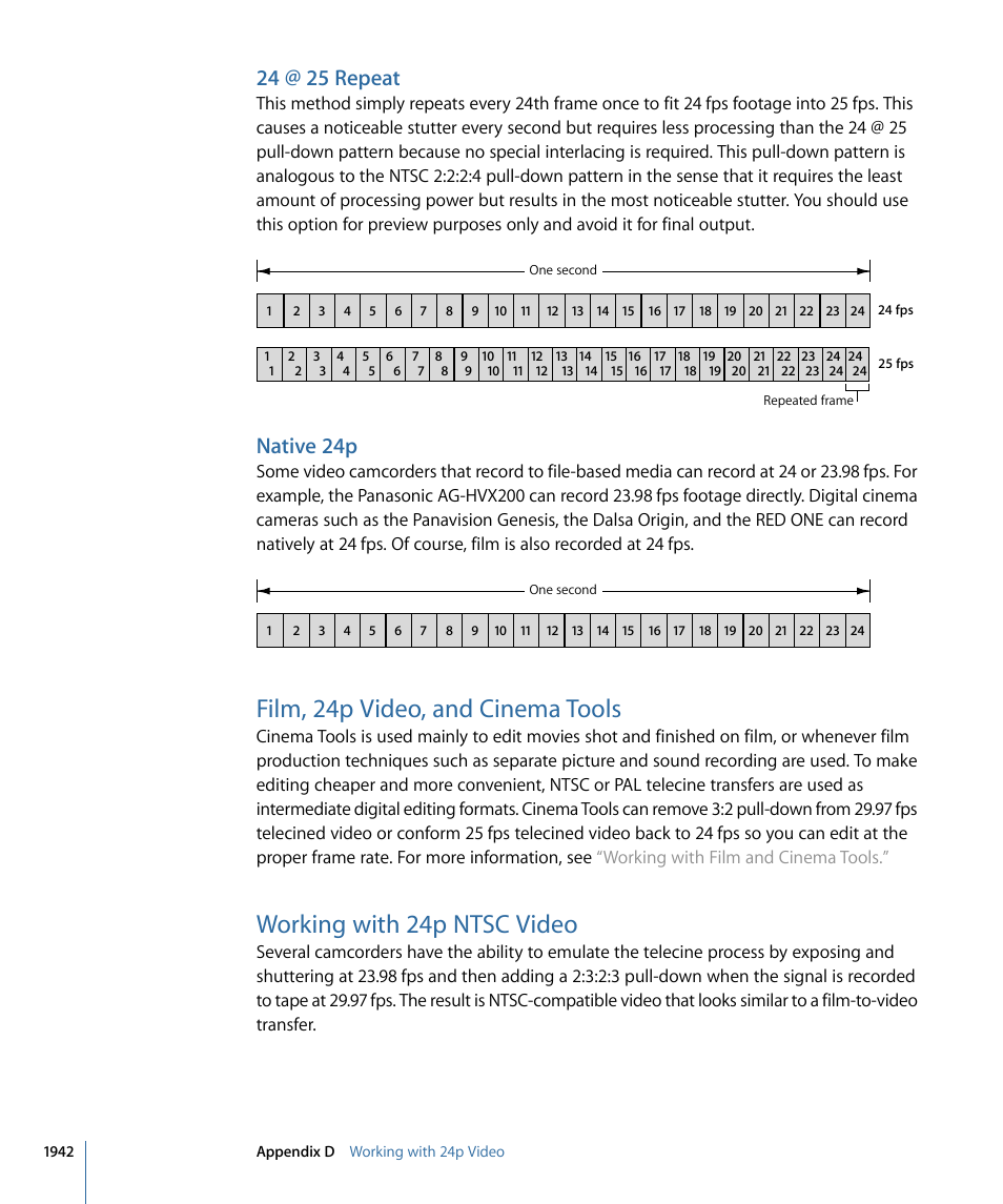 24 @ 25 repeat, Native 24p, Film, 24p video, and cinema tools | Working with 24p ntsc video | Apple Final Cut Pro 7 User Manual | Page 1942 / 1990