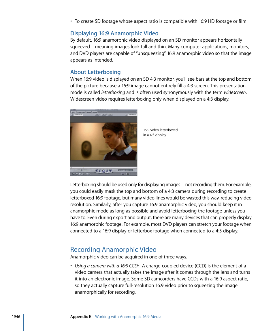 Displaying 16:9 anamorphic video, About letterboxing, Recording anamorphic video | Apple Final Cut Pro 7 User Manual | Page 1946 / 1990