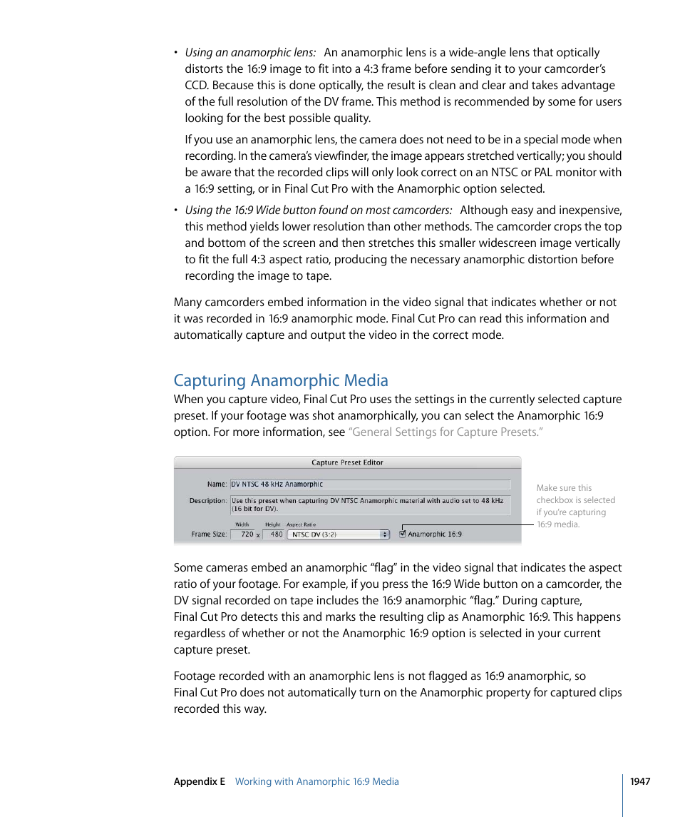 Capturing anamorphic media | Apple Final Cut Pro 7 User Manual | Page 1947 / 1990