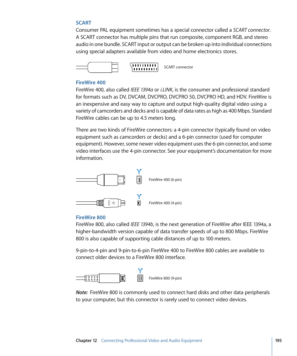 Scart, Firewire 400, Firewire 800 | Apple Final Cut Pro 7 User Manual | Page 195 / 1990