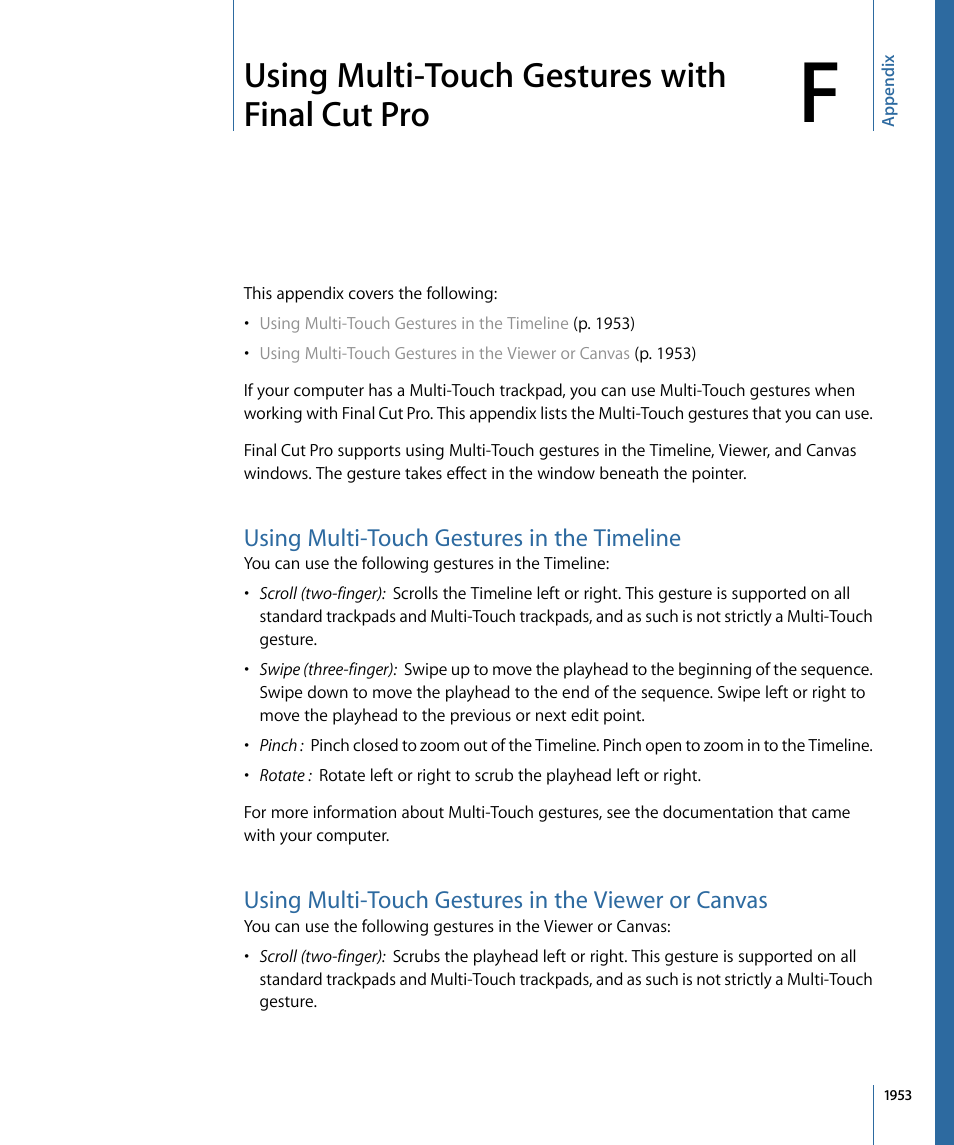 Using multi-touch gestures in the timeline, Using multi-touch gestures in the viewer or canvas, Using multi-touch gestures with final cut pro | Apple Final Cut Pro 7 User Manual | Page 1953 / 1990