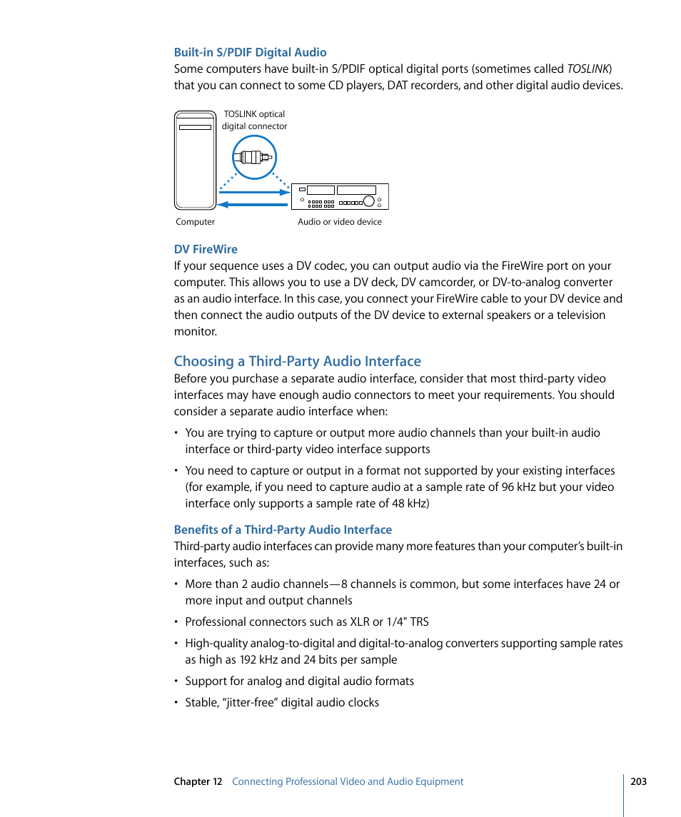 Built-in s/pdif digital audio, Dv firewire, Choosing a third-party audio interface | Benefits of a third-party audio interface | Apple Final Cut Pro 7 User Manual | Page 203 / 1990