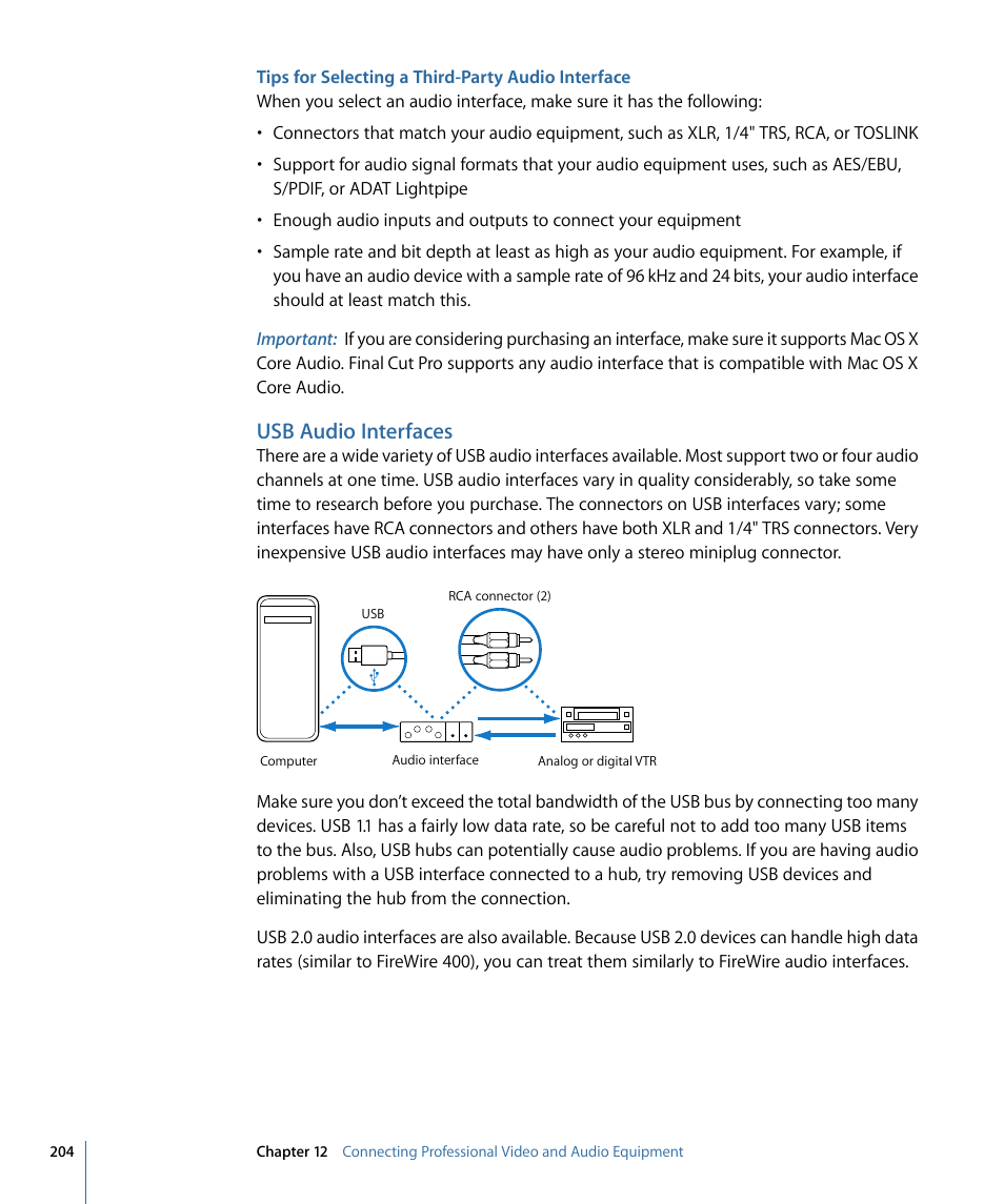 Tips for selecting a third-party audio interface, Usb audio interfaces | Apple Final Cut Pro 7 User Manual | Page 204 / 1990