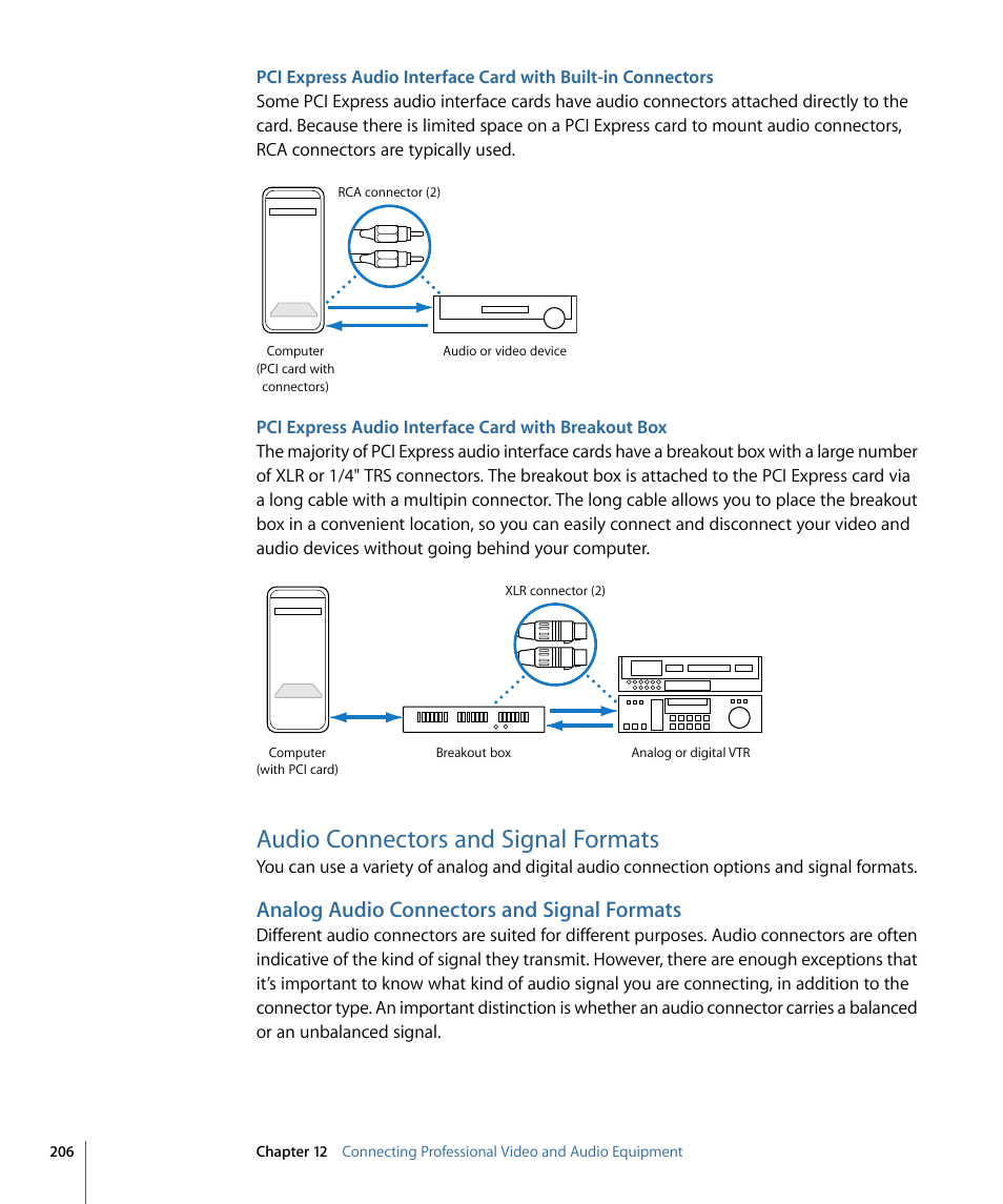 Pci express audio interface card with breakout box, Audio connectors and signal formats, Analog audio connectors and signal formats | Apple Final Cut Pro 7 User Manual | Page 206 / 1990