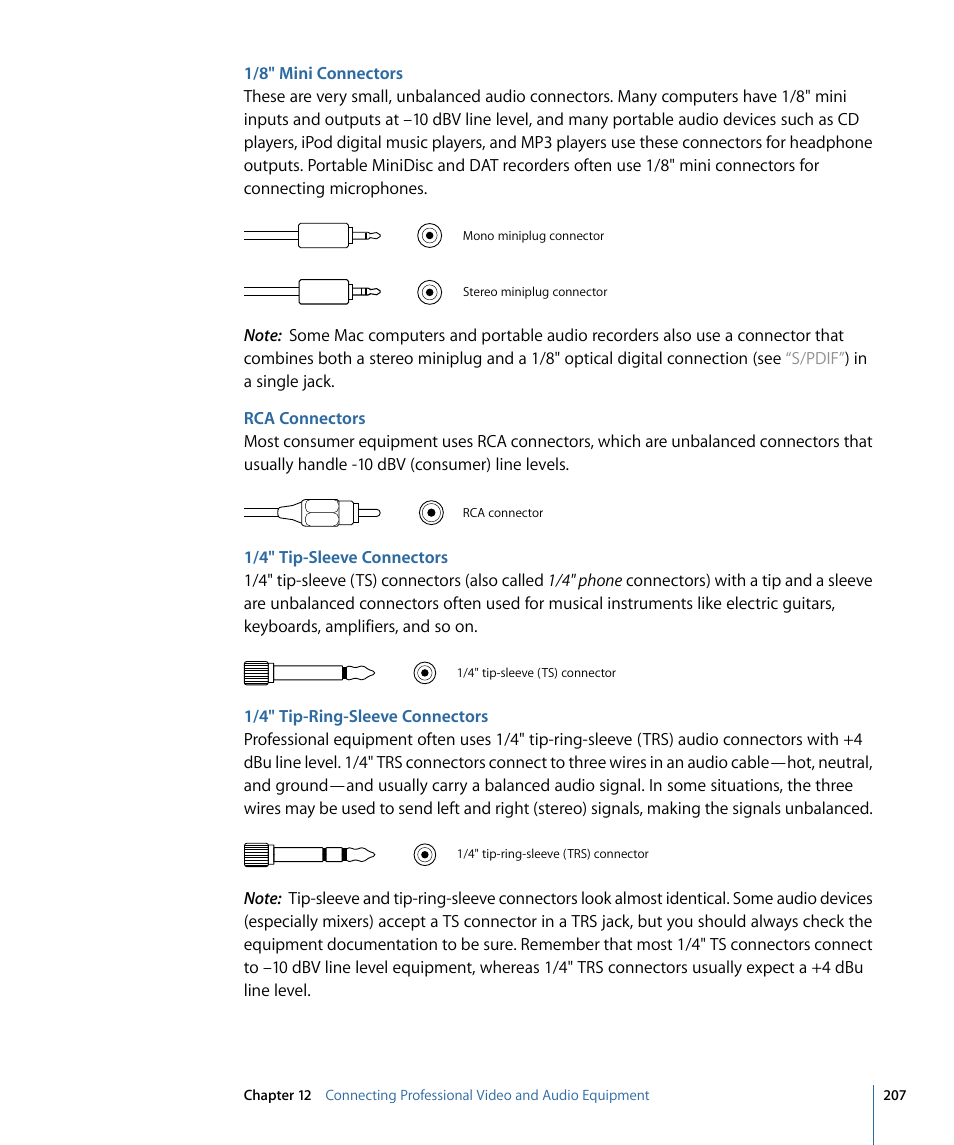 1/8" mini connectors, Rca connectors, 1/4" tip-sleeve connectors | 1/4" tip-ring-sleeve connectors | Apple Final Cut Pro 7 User Manual | Page 207 / 1990