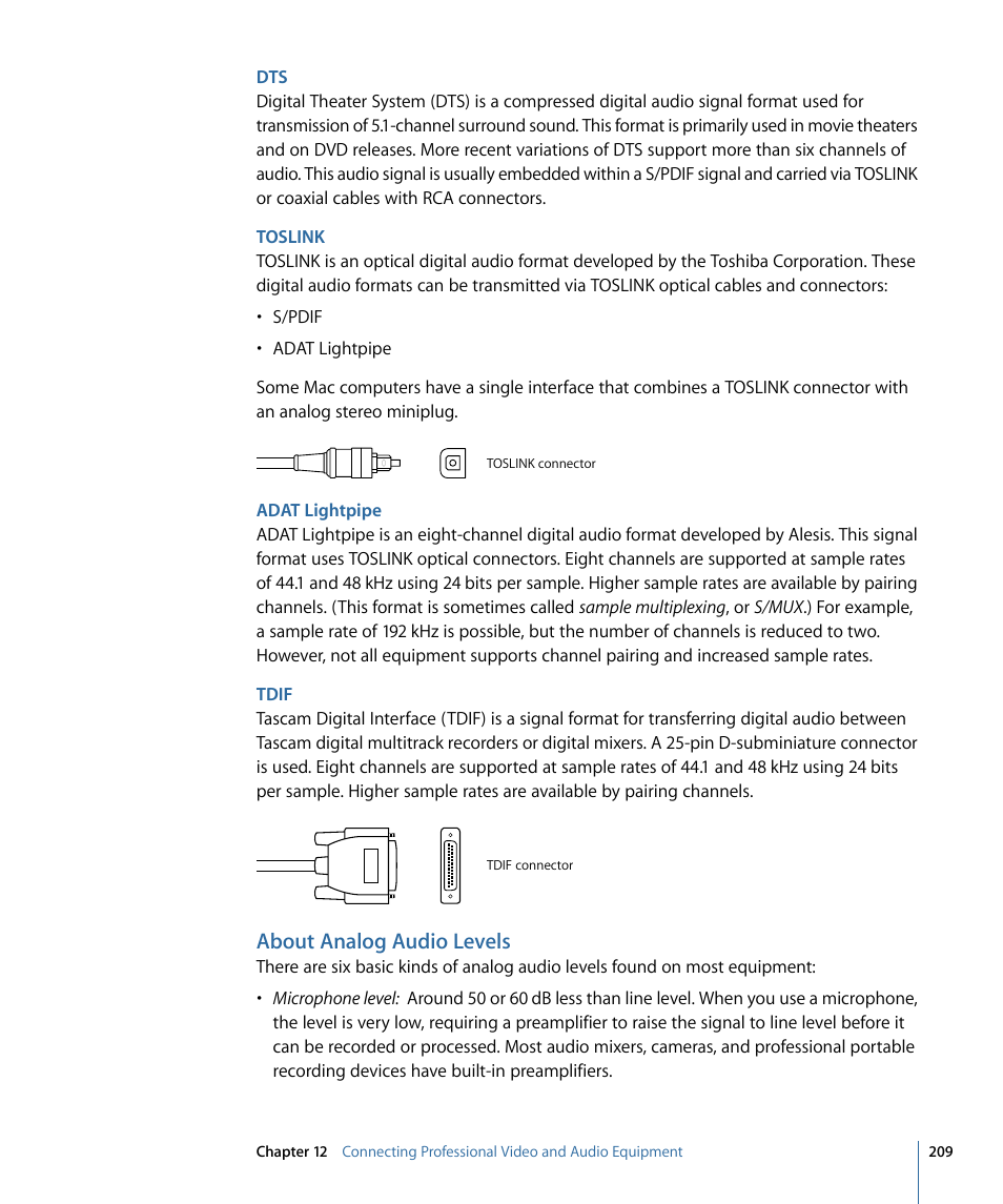 Toslink, Adat lightpipe, Tdif | About analog audio levels | Apple Final Cut Pro 7 User Manual | Page 209 / 1990