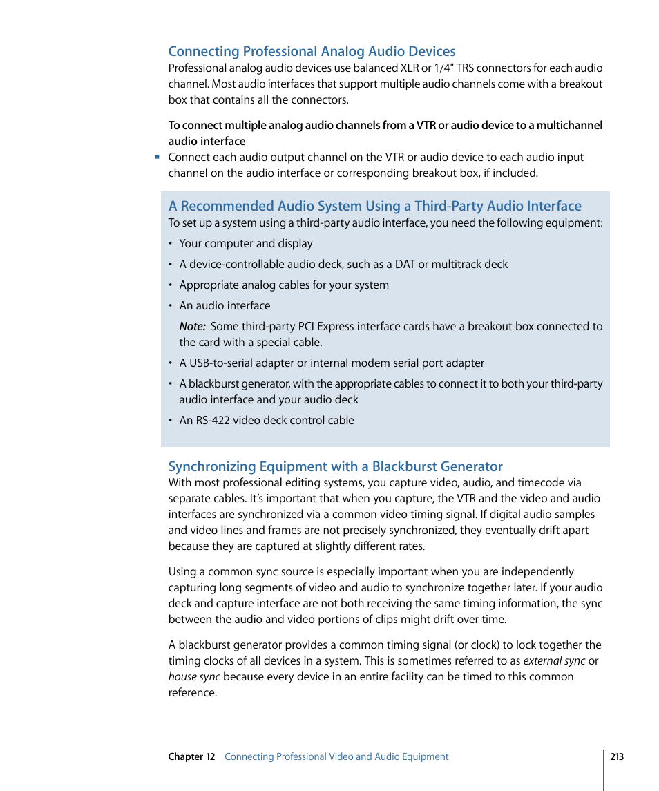 Connecting professional analog audio devices | Apple Final Cut Pro 7 User Manual | Page 213 / 1990