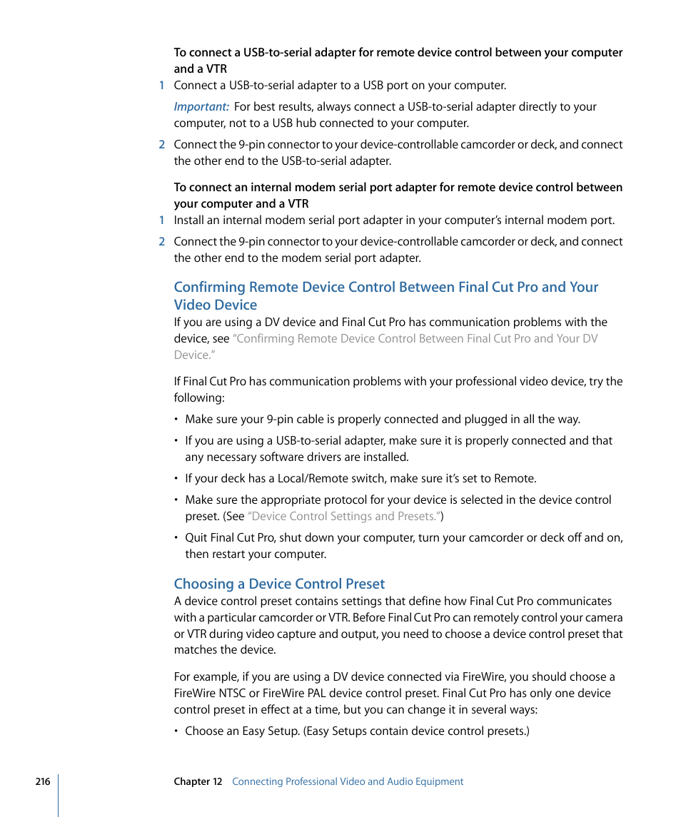 Choosing a device control preset, Your video device | Apple Final Cut Pro 7 User Manual | Page 216 / 1990