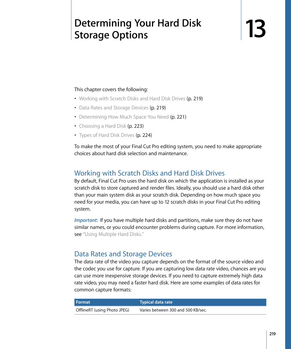 Determining your hard disk storage options, Working with scratch disks and hard disk drives, Data rates and storage devices | Apple Final Cut Pro 7 User Manual | Page 219 / 1990