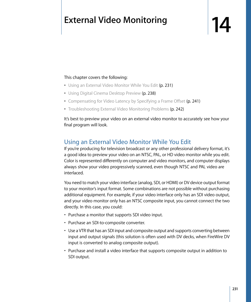 External video monitoring, Using an external video monitor while you edit, External video | Monitoring | Apple Final Cut Pro 7 User Manual | Page 231 / 1990