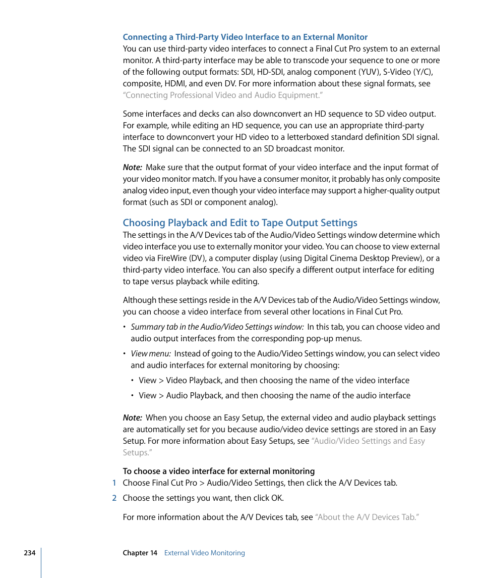 Choosing playback and edit to tape output settings | Apple Final Cut Pro 7 User Manual | Page 234 / 1990