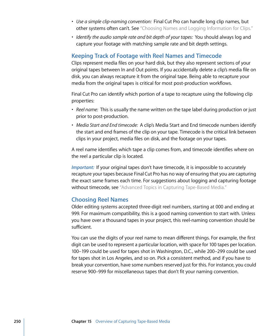 Choosing reel names | Apple Final Cut Pro 7 User Manual | Page 250 / 1990