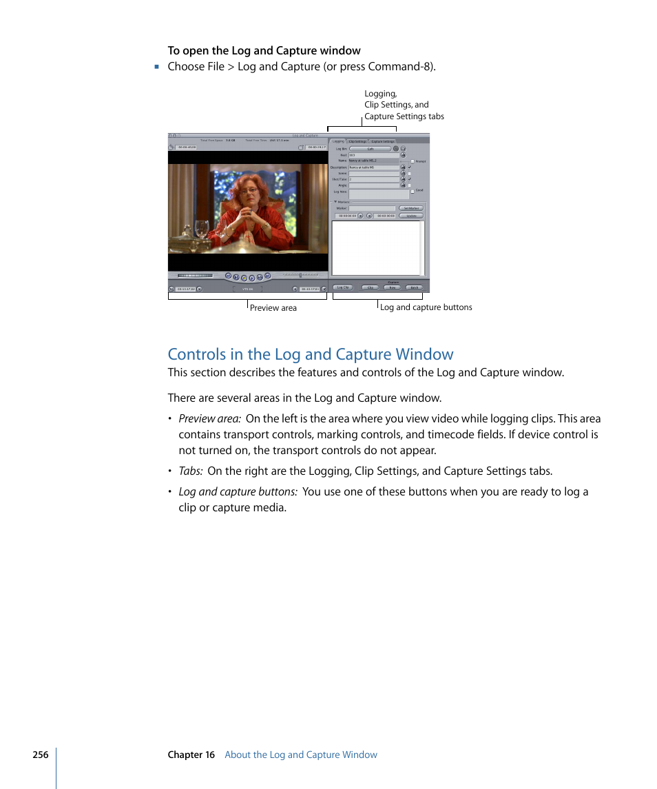 Controls in the log and capture window | Apple Final Cut Pro 7 User Manual | Page 256 / 1990