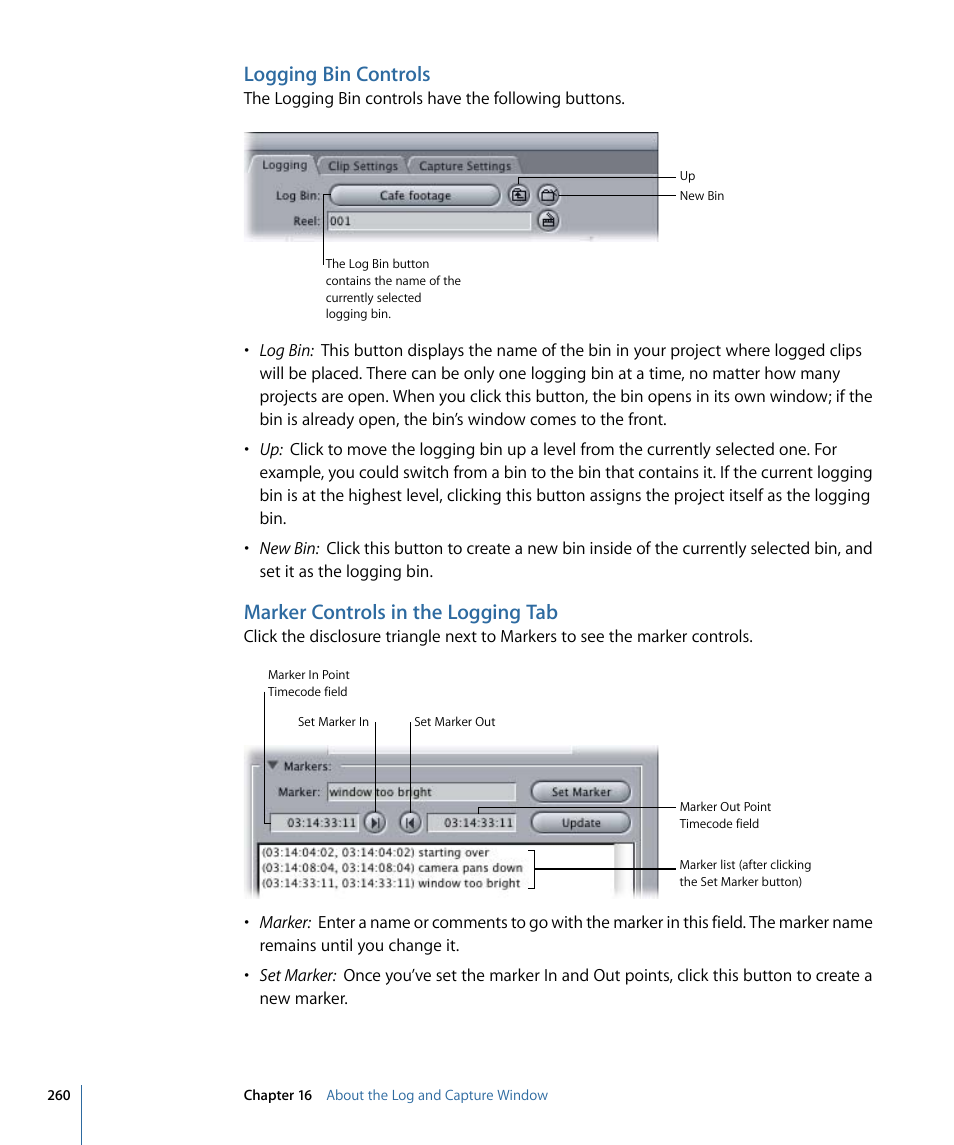 Logging bin controls, Marker controls in the logging tab | Apple Final Cut Pro 7 User Manual | Page 260 / 1990