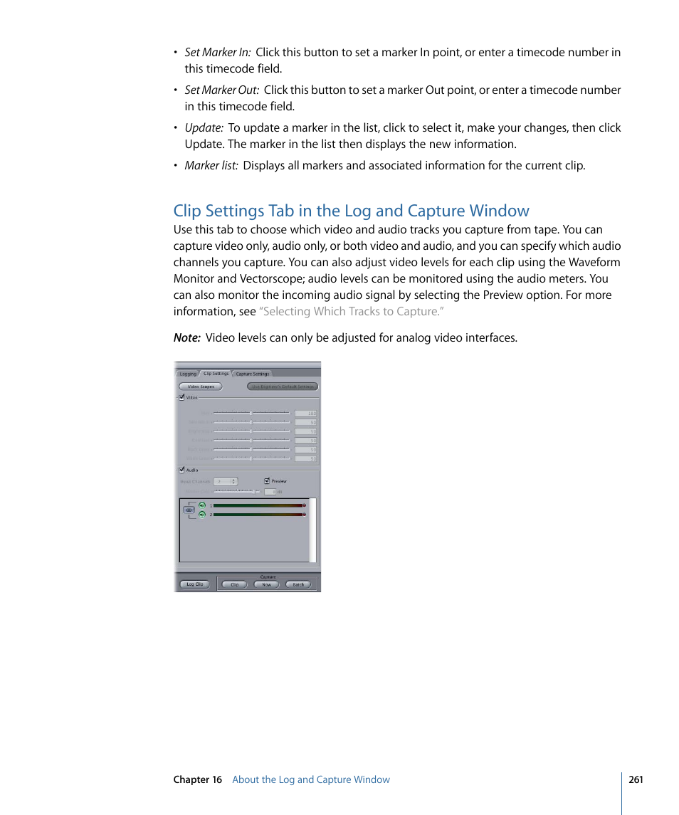 Clip settings tab in the log and capture window | Apple Final Cut Pro 7 User Manual | Page 261 / 1990