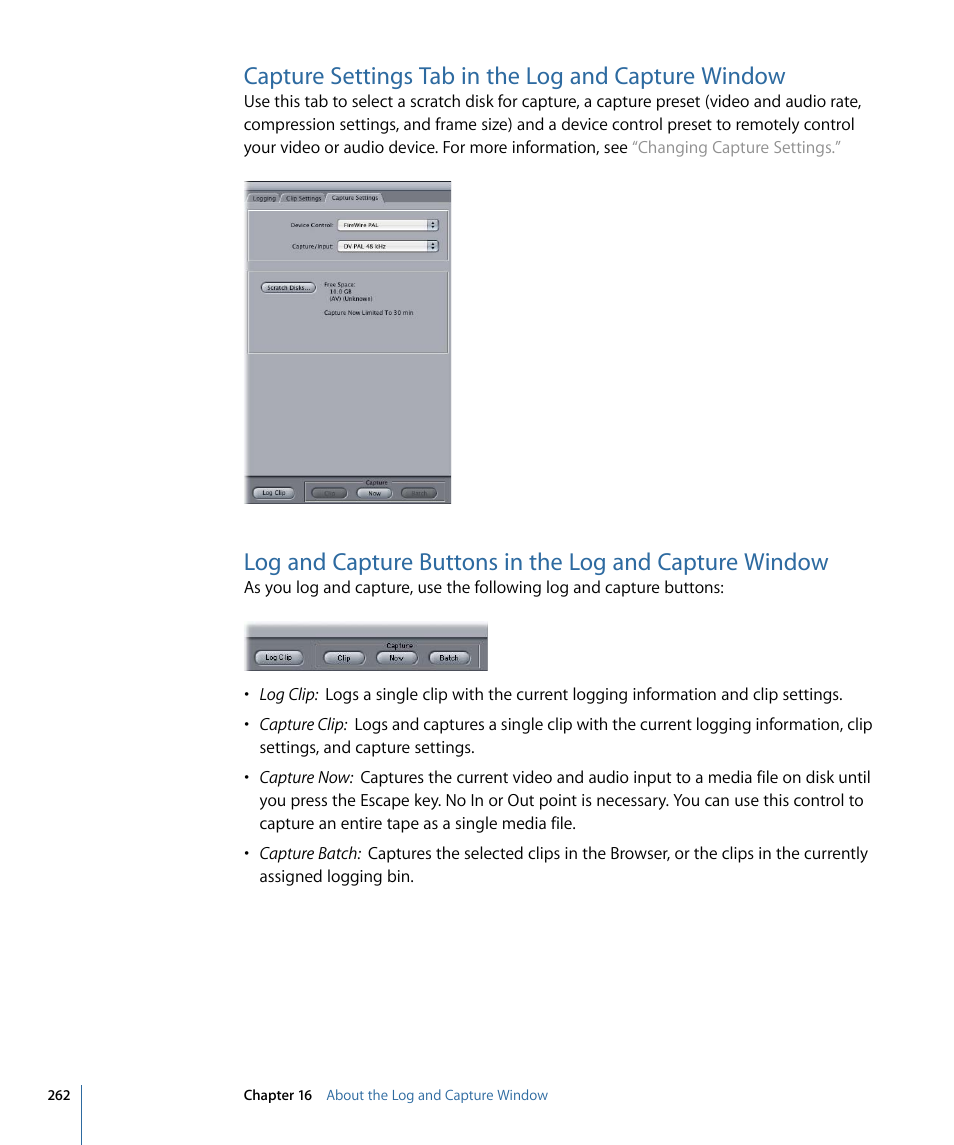 Capture settings tab in the log and capture window | Apple Final Cut Pro 7 User Manual | Page 262 / 1990