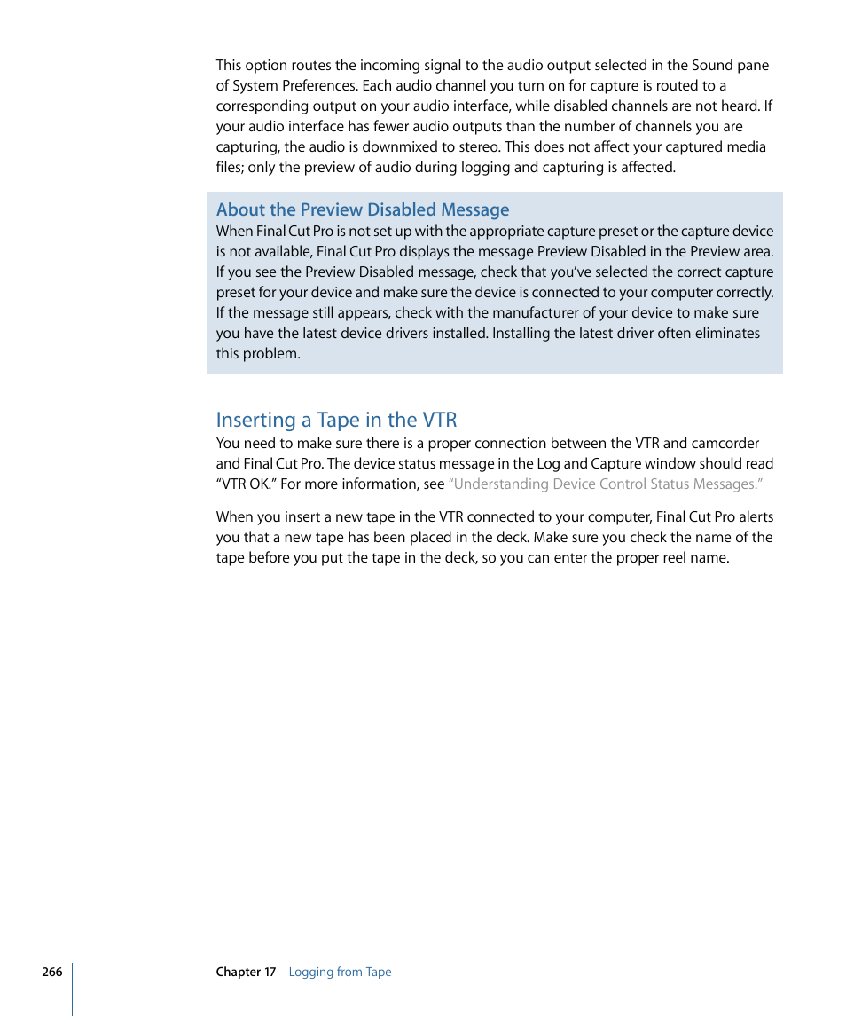 Inserting a tape in the vtr, About the preview disabled message | Apple Final Cut Pro 7 User Manual | Page 266 / 1990