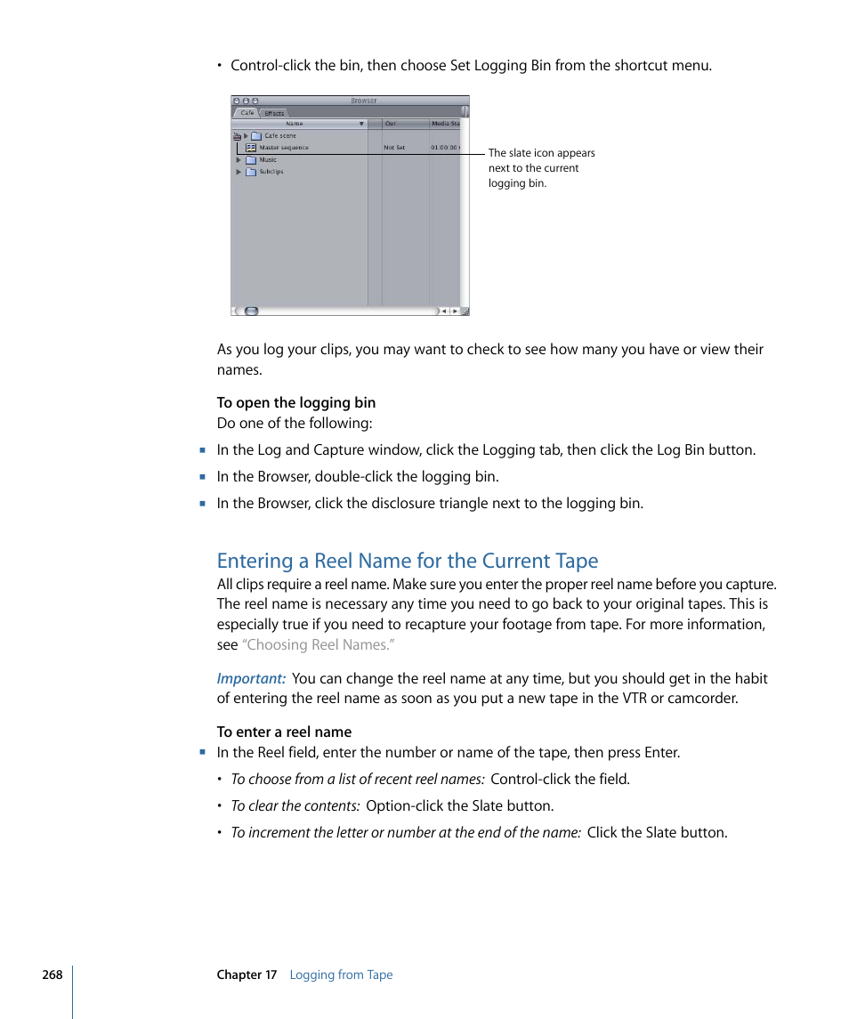 Entering a reel name for the current tape | Apple Final Cut Pro 7 User Manual | Page 268 / 1990