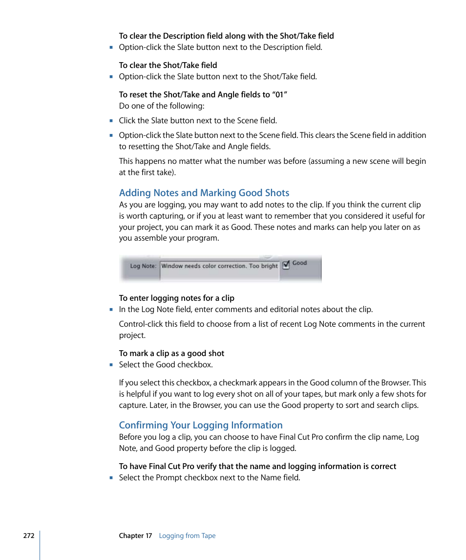 Adding notes and marking good shots, Confirming your logging information | Apple Final Cut Pro 7 User Manual | Page 272 / 1990