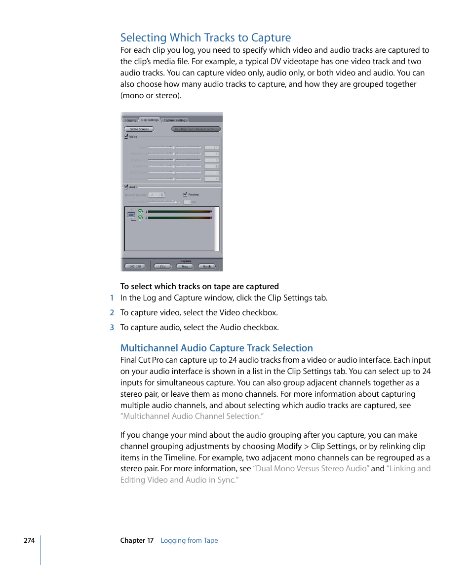 Selecting which tracks to capture, Multichannel audio capture track selection | Apple Final Cut Pro 7 User Manual | Page 274 / 1990