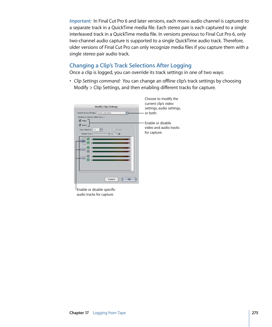 Changing a clip’s track selections after logging | Apple Final Cut Pro 7 User Manual | Page 275 / 1990