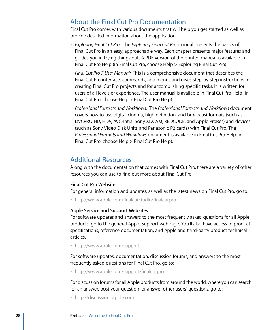 About the final cut pro documentation, Additional resources | Apple Final Cut Pro 7 User Manual | Page 28 / 1990